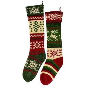 Knit Christmas Deer Snowflake Green Red Cream Color Block Long Stockings Bundle